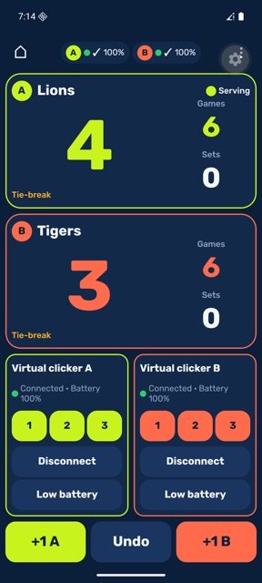 Live match screen with score and clicker status